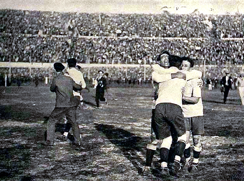 Uruguay_s Lorenzo Fernadez, Pedro Cea and Hector Scarone after the final whistle, July 30, 1930, World Cup, Uruguay 4-Argentina 2 Primer campeonato mundial de football 1930 (102) - Co
