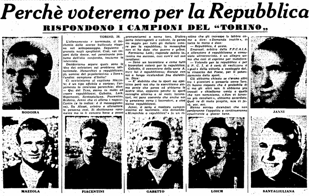 Grande Torino referendum monarchia repubblica 2 giugno 1946 l'unità